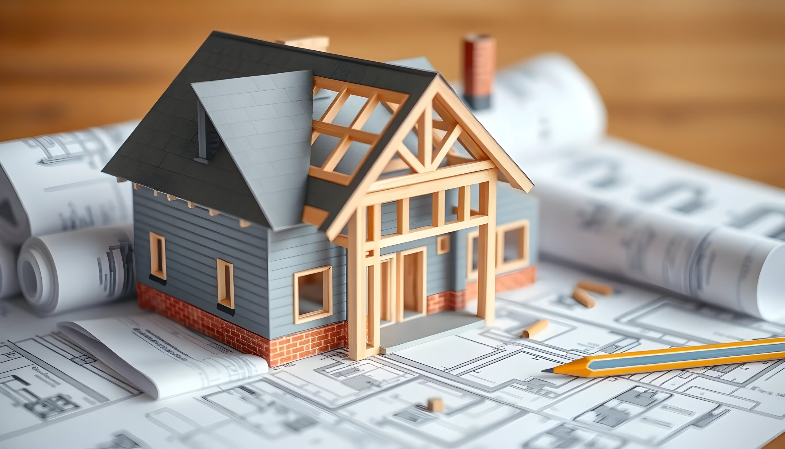 Model house on architectural blueprints with pencil.