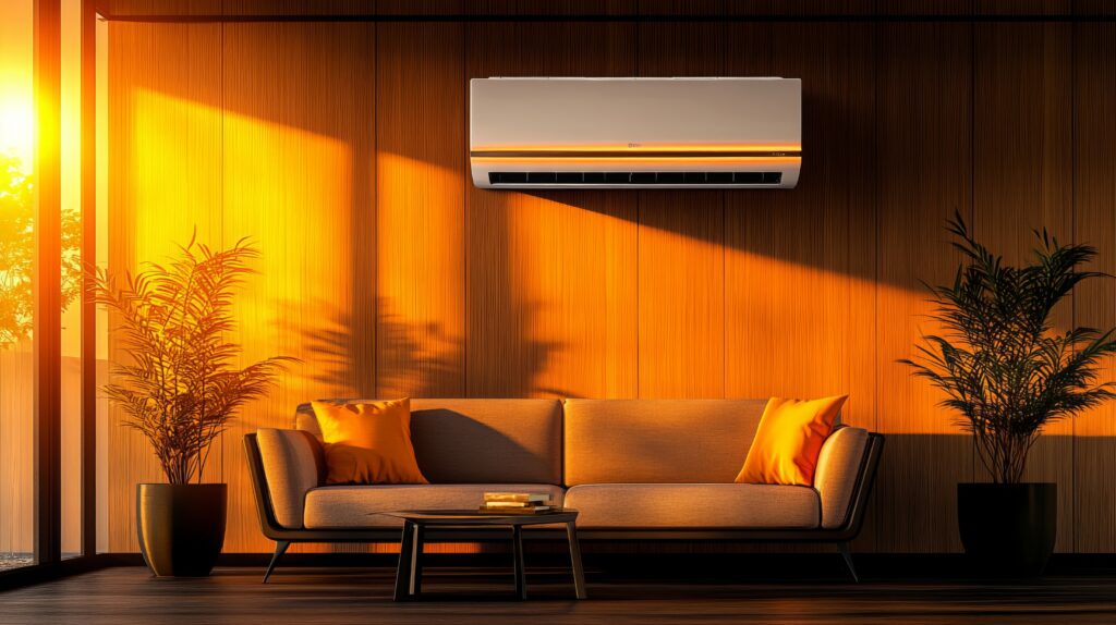 Modern living room with air conditioner, sunset lighting.