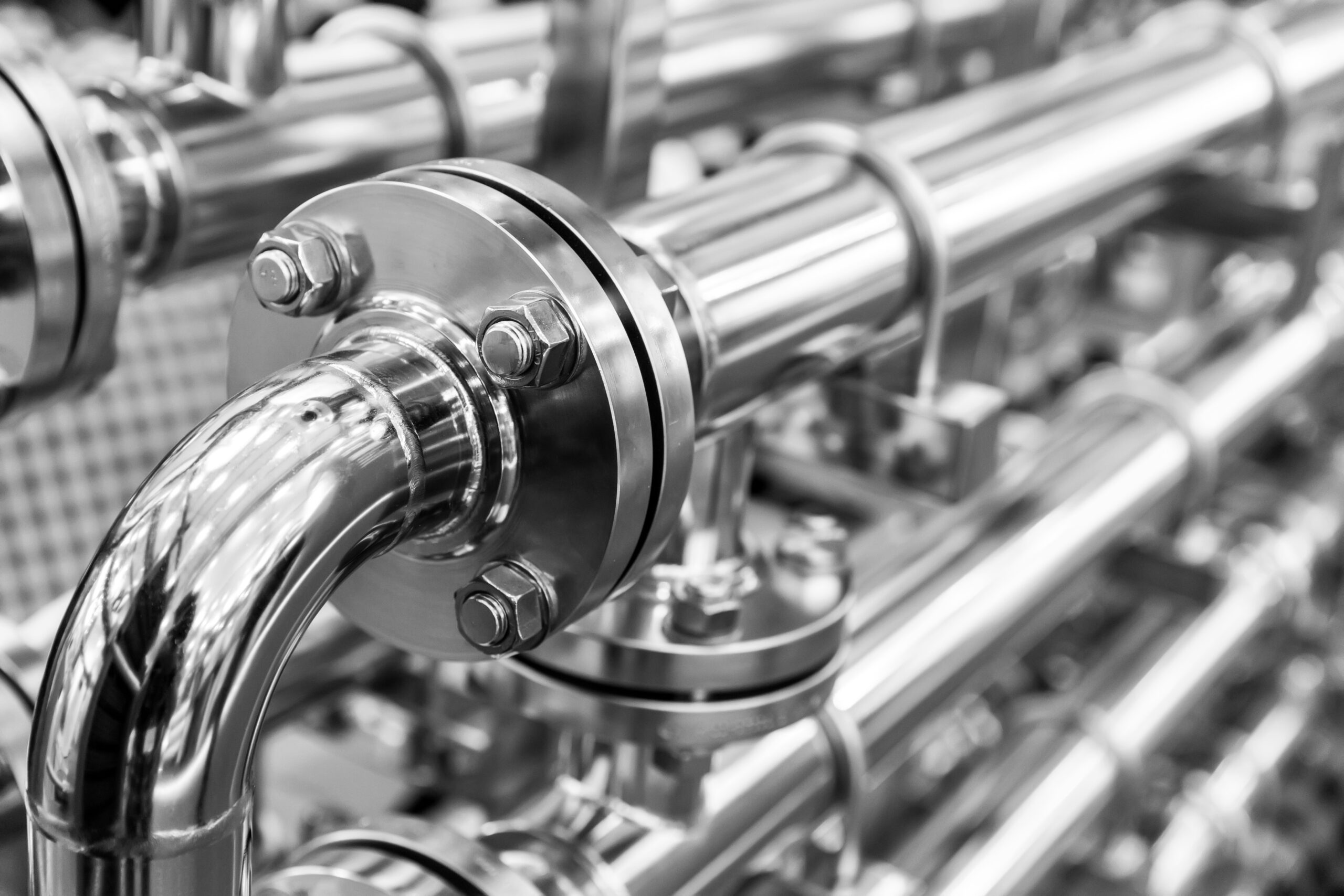 Stainless steel industrial pipes and fittings.