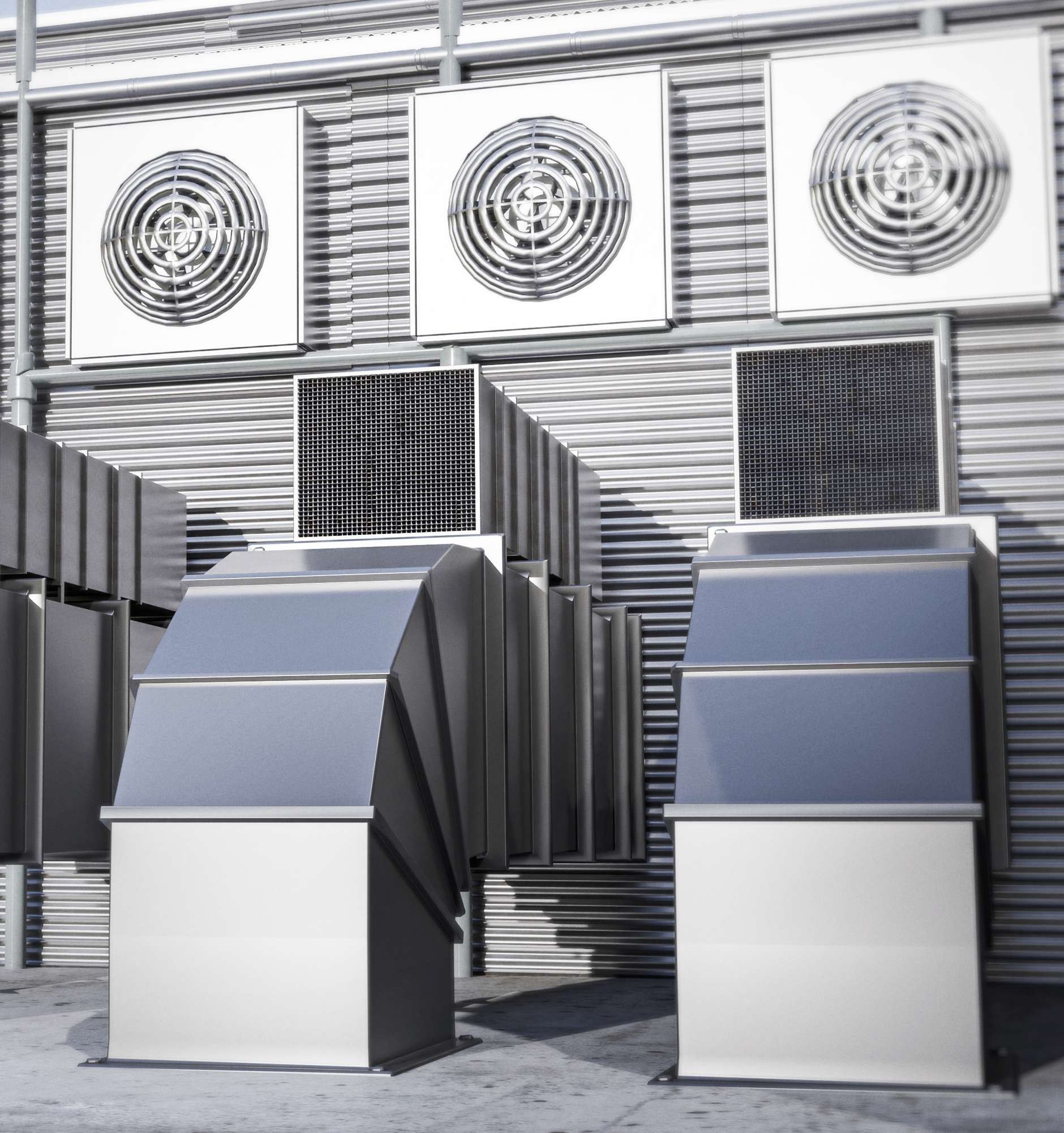 Rooftop HVAC vents and circular exhaust fans