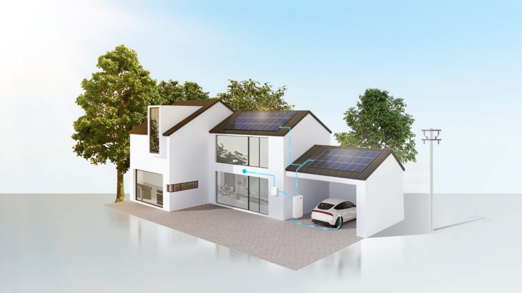 House with rooftop solar panels and EV charger