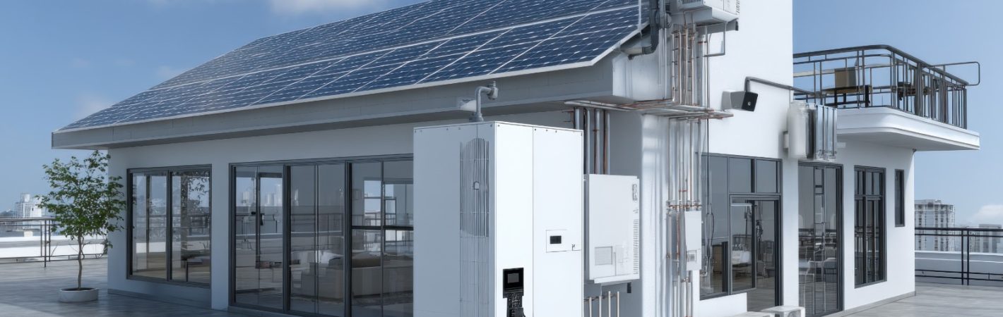 Modern rooftop building with solar panels and HVAC
