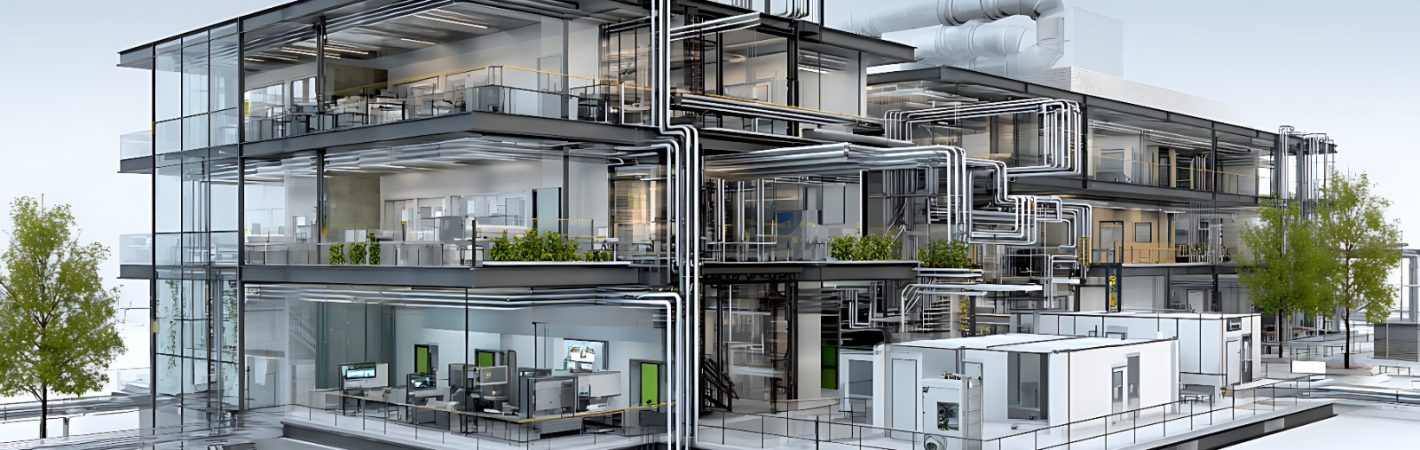 Cutaway modern office building with exposed pipes